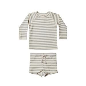 Quincy Mae Brown & Cream Striped Swim Set Rashguard & Shorts Size 12-18 Months